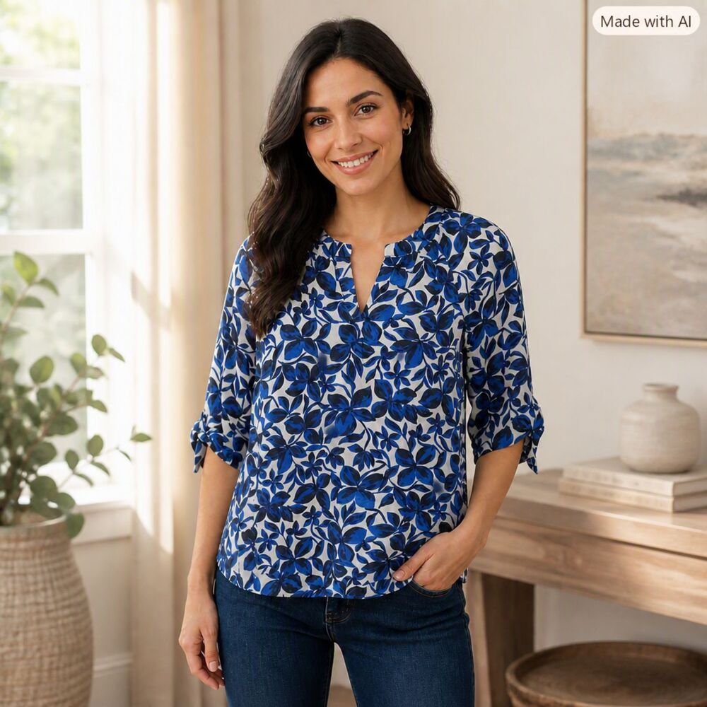 Jones New York Blue Floral Split‑Neck Blouse – Size Medium